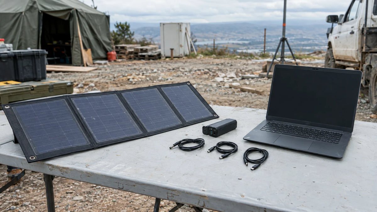 One unfolded portable PV panel on an ordinary temporary field-work table, separate closed generic charging converter and unbranded laptop with blank dark screen kept apart, all leads unplugged.