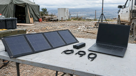 One unfolded portable PV panel on an ordinary temporary field-work table, separate closed generic charging converter and unbranded laptop with blank dark screen kept apart, all leads unplugged.