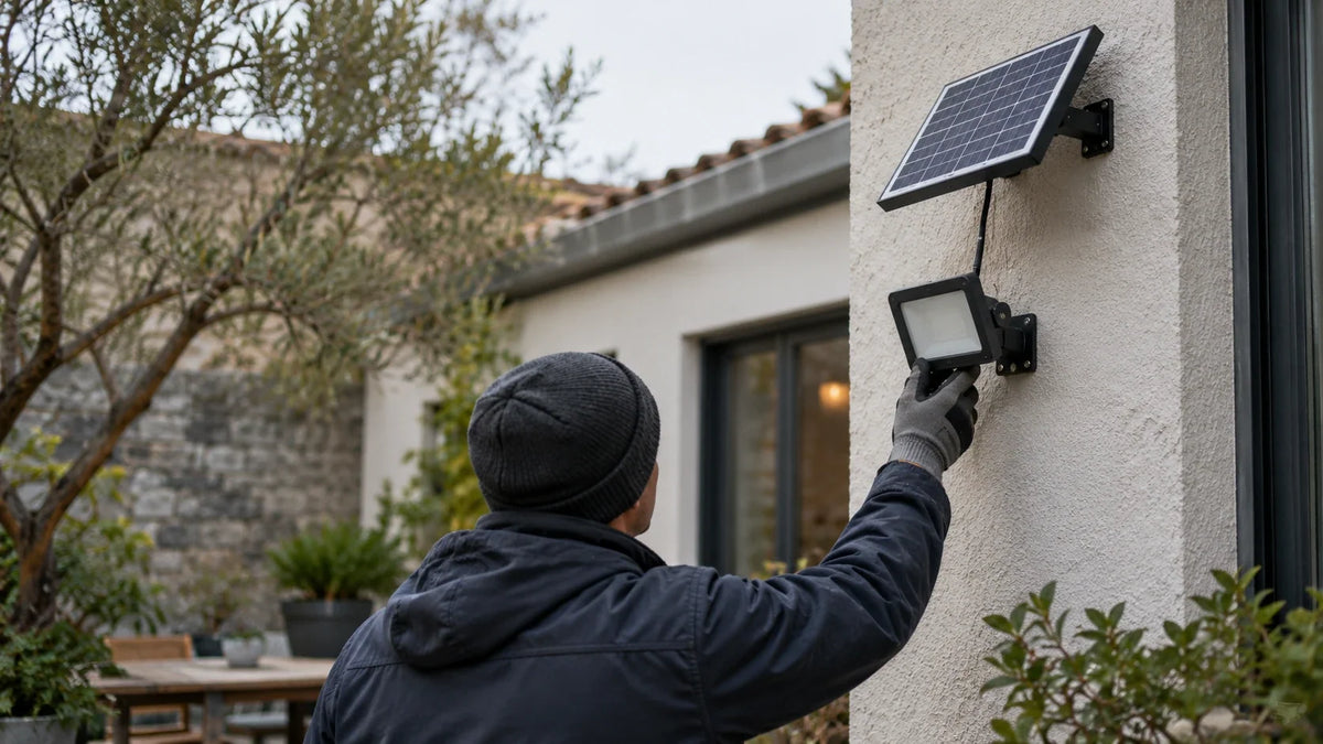 A service worker inspects an outdoor solar light fixture and its small panel before selecting replacement parts.