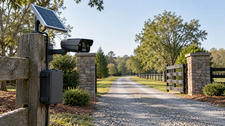 An unbranded plate-capture camera and separate solar panel serve a remote entrance in a practical roadside setting.