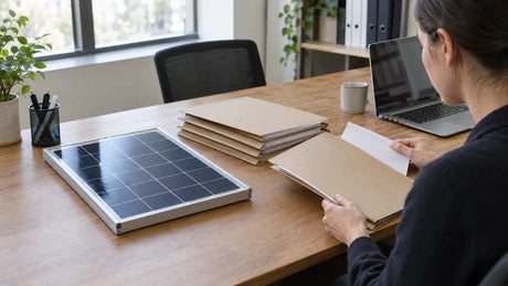 Ordinary sourcing desk with one compact finished PV module and several plain unlabeled document folders.