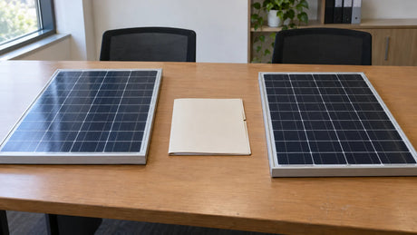 Ordinary procurement table with two separate finished PV modules, plain blank assessment folder centered, no logos, scorecards, rankings or company names.