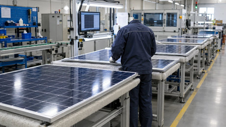 Wide three-quarter view down a modest photovoltaic module assembly line, several separate framed laminates resting on padded stations in a row.