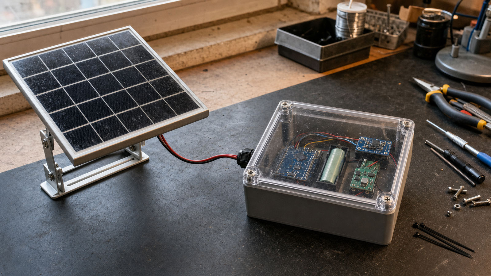 Unbranded solar-powered microcontroller prototype on a worn electronics bench, with a mini panel and a closed clear-lid battery enclosure.