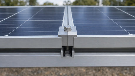 Two adjacent framed solar panels held on one rail by a mid clamp, close-up showing the clamp seated between the two frames.