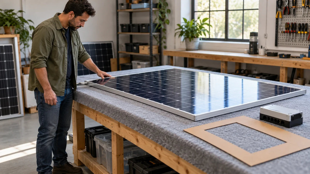 A mid-size solar module is examined flat on a padded table with a blank fit template and closed controller nearby.