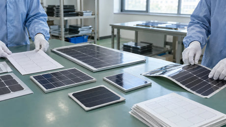 Small rigid and flexible PV samples at an inspection station in a module factory, with a worker's hands sorting blank documents.