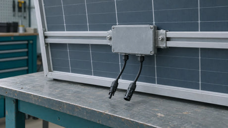 A generic closed module-level electronics unit is supported beneath a solar-module rail in a workshop mockup, illustrating the hardware context for a whole-system comparison.