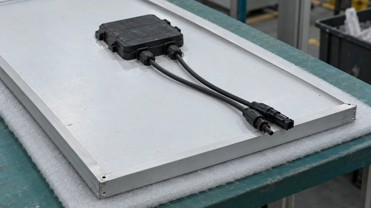 The rear of a generic solar module shows its attached junction box, sealed cable exits and paired connector leads on a protected workshop bench.