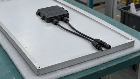 The rear of a generic solar module shows its attached junction box, sealed cable exits and paired connector leads on a protected workshop bench.