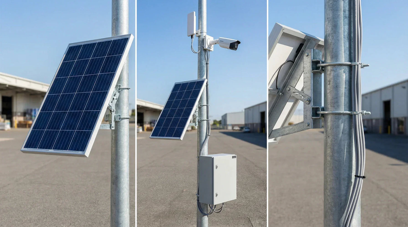 Solar mounting brackets on a pole-mounted CCTV system with solar panel and enclosure