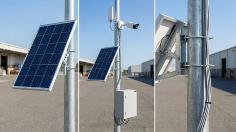 Solar mounting brackets on a pole-mounted CCTV system with solar panel and enclosure