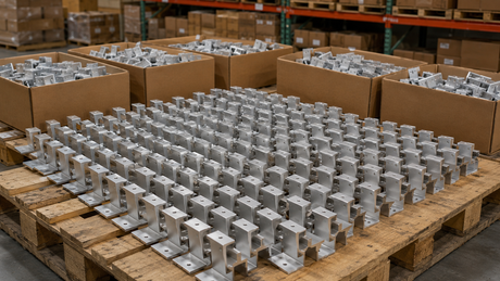 Wholesale inventory of compact aluminum solar panel mounting brackets in an industrial warehouse