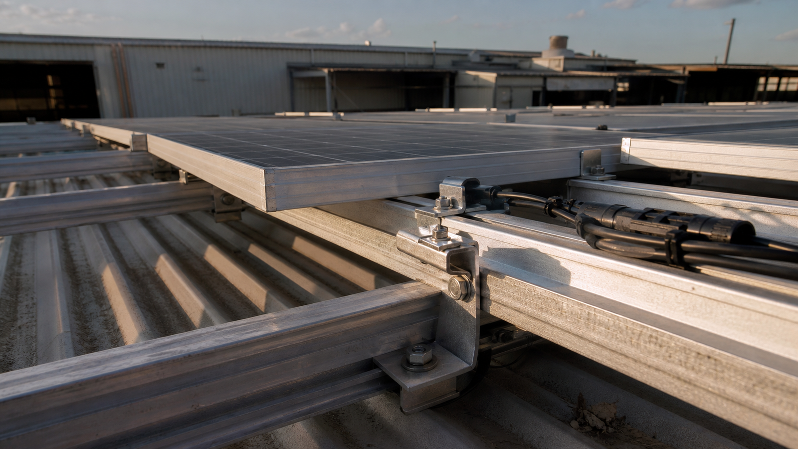 Commercial rooftop solar rail and bracket installation with hardware detail