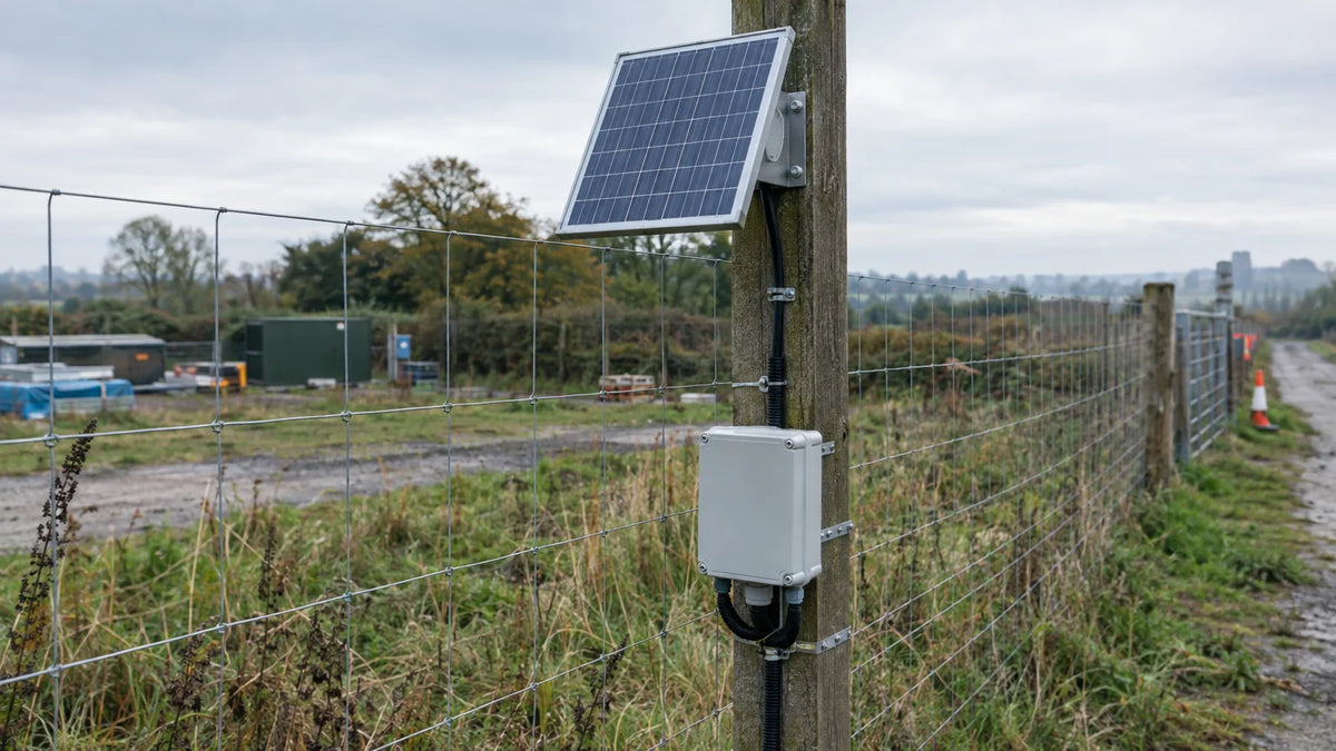 One compact finished PV module securely mounted on a small bracket at an ordinary utility fence post, separate closed outdoor device enclosure below, protected cable routing and glands visible.