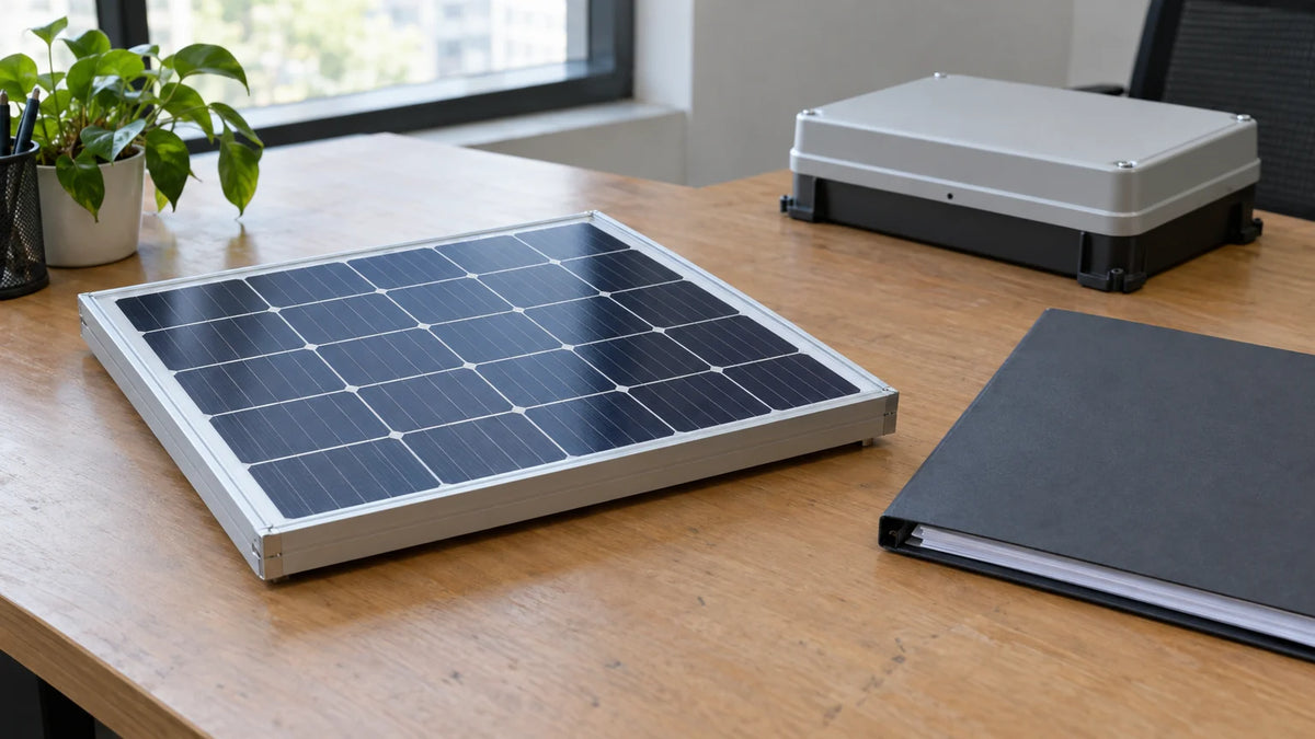One compact finished framed PV module on an ordinary sourcing desk beside blank specification folder and closed device housing in background.