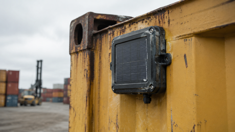 Compact integrated solar GPS asset tracker mounted on a weathered shipping container