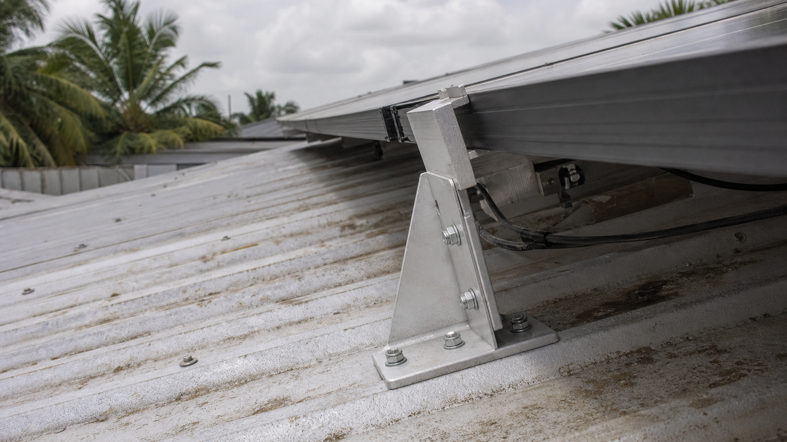 Close-up of anodized aluminum solar panel brackets mounted on a metal roof