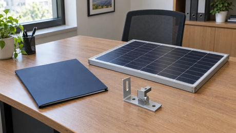 Modest procurement desk with one compact finished PV module, blank unmarked quote folder, and a separate unattached bracket sample.