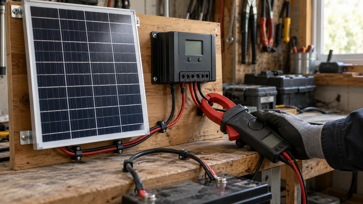 An electrician checks panel-side current on a small solar setup with a closed charge controller.