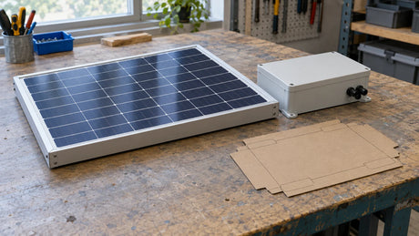 Compact finished framed PV module, separate closed equipment housing and plain cardboard footprint template on a worn engineering workbench, no complete assembly.