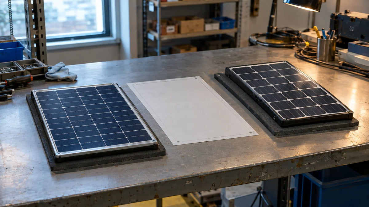 Two different finished compact PV module formats on separate pads of a modest inspection bench, plain blank footprint template between, no scores, meters or superiority claim.