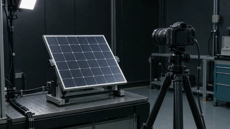 A solar module is positioned at a camera inspection station in a dim laboratory, with equipment visible but no diagnostic image or claimed test result.