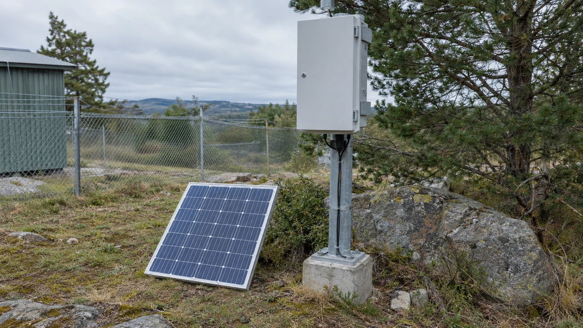 At an ordinary remote equipment site, closed device enclosure on a post and one finished compact PV candidate staged safely nearby, usable mounting surface and surrounding shade obstacles visible.