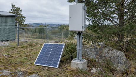 At an ordinary remote equipment site, closed device enclosure on a post and one finished compact PV candidate staged safely nearby, usable mounting surface and surrounding shade obstacles visible.