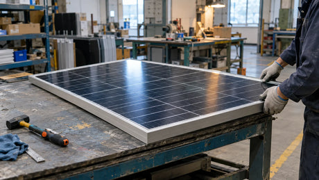 Generic modest PV module assembly workshop, one finished framed module on an inspection table, anonymous worker hands checking its edge, ordinary tools and worn surfaces.