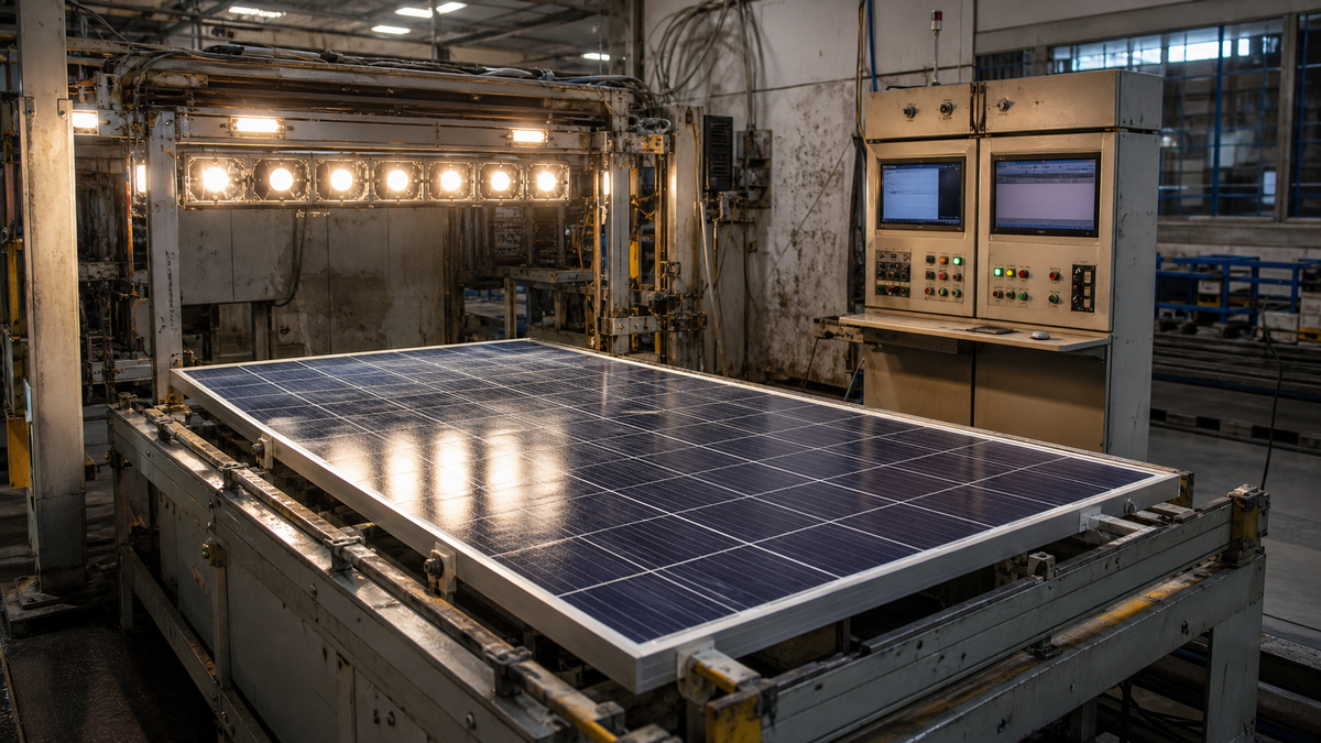 A solar panel on a flash test station used to capture its I-V curve.