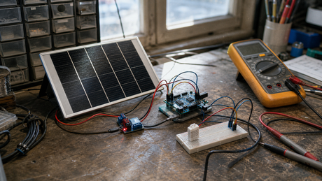Microcontroller project powered by a small solar panel and charge module on a workbench with jumper wires and multimeter