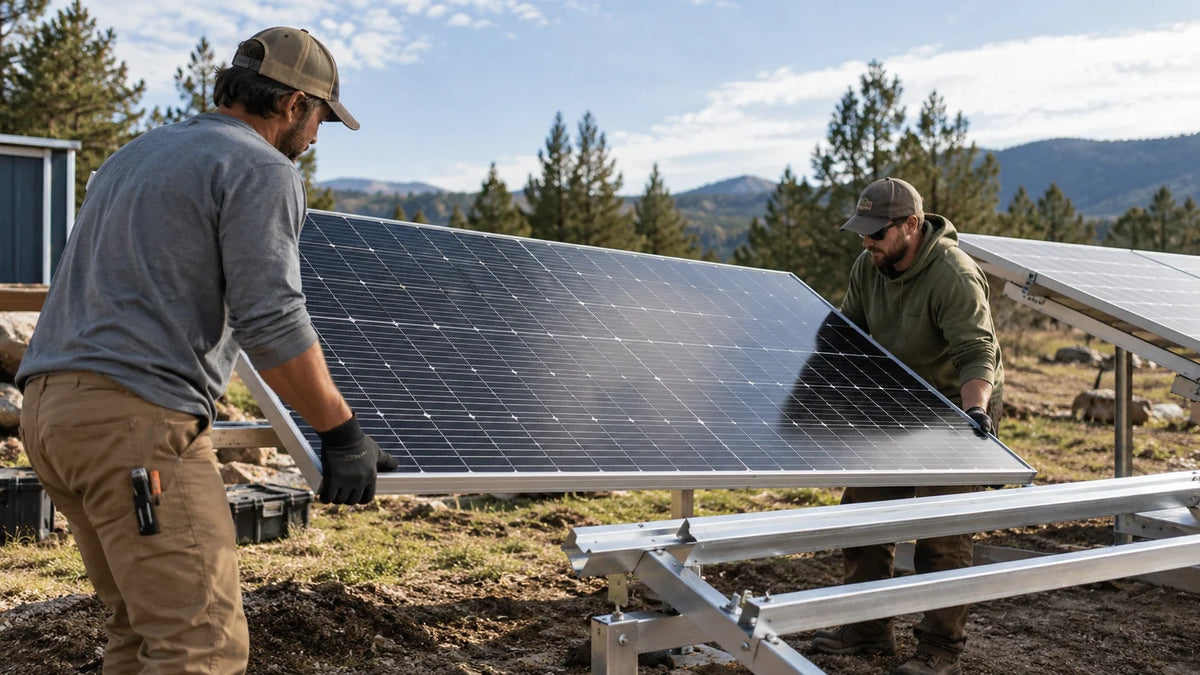 Two installers carry an unbranded framed solar panel toward a low mounting rack at a worksite.