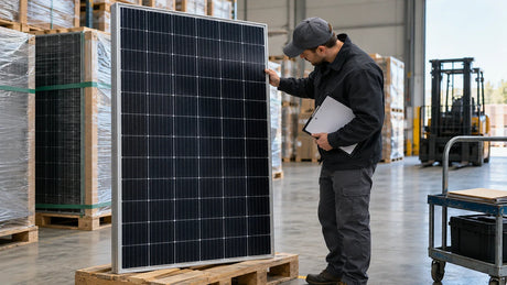 An importer checks an unbranded solar module and its blank specification folder in a practical receiving warehouse.
