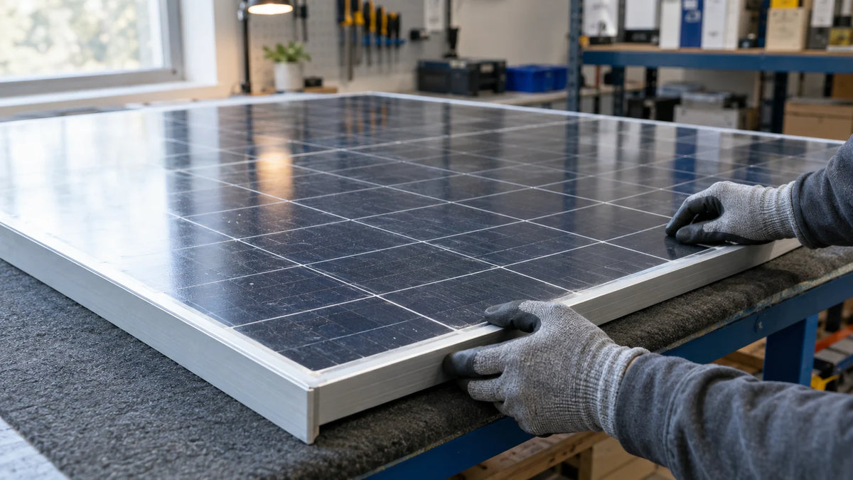 One finished framed photovoltaic module on a stable padded workshop inspection bench.
