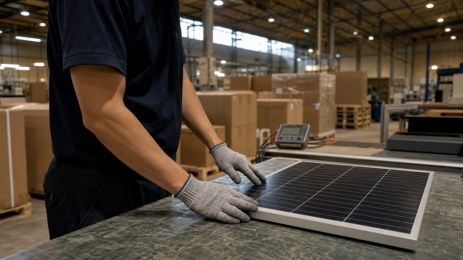 A worker inspecting a solar panel on a work table in a warehouse pre-shipment inspection area.