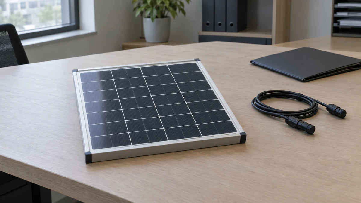 A finished compact PV module at center of a plain B2B purchasing bench, separate capped cable assembly and closed unmarked proposal folder at a distance, no pricing, bid ranking or brand.