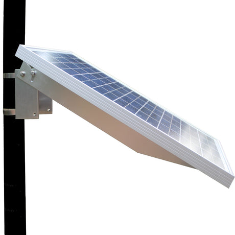 Solar panel on a pole mount bracket at an outdoor sensor site