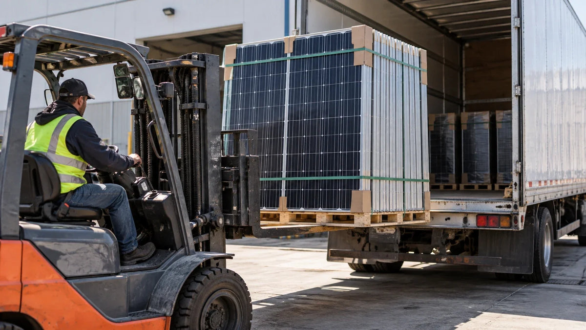 A forklift positions a protected pallet of solar panels beside a delivery truck at a warehouse dock.