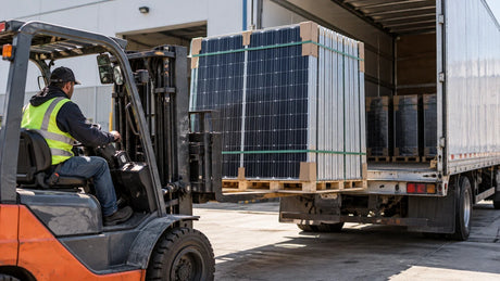 A forklift positions a protected pallet of solar panels beside a delivery truck at a warehouse dock.