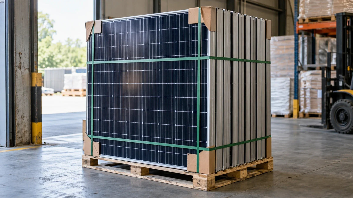 A secured pallet of unbranded solar panels sits in a warehouse with protective corners and a clear packing area.