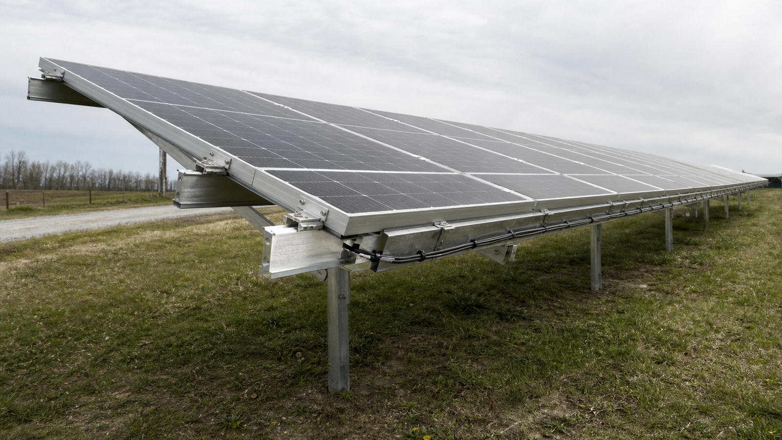 A ground-mount solar array on an aluminum rail-and-pile racking structure in an open grassy field, with rails, mid and end clamps, pile posts and cable routing visible under overcast light.