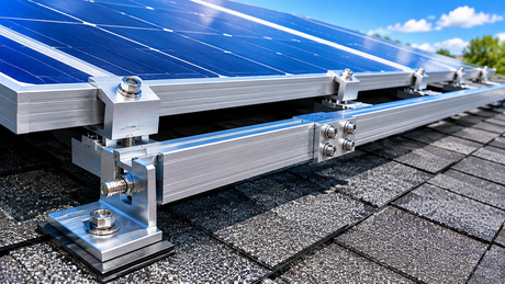 Solar panel rail mounting system installed on a residential rooftop with aluminum rails and clamps
