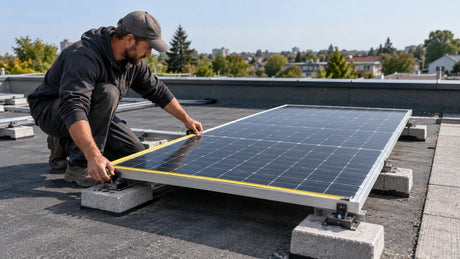A buyer checks panel outside dimensions against available roof space using a blank layout sheet and tape measure.