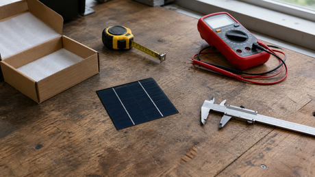 A solar panel sample on a workbench with multimeter, tape measure, and calipers for inspection before bulk ordering.