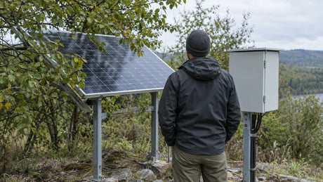 At a modest remote site, one safely mounted compact PV panel partly shaded by nearby branches, closed receiving enclosure nearby, anonymous technician seen from behind visually inspecting.