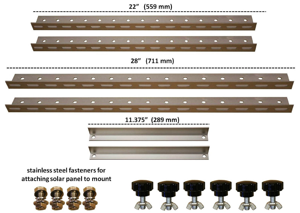 Solar panel tilt mount bracket kit with hardware and dimensions