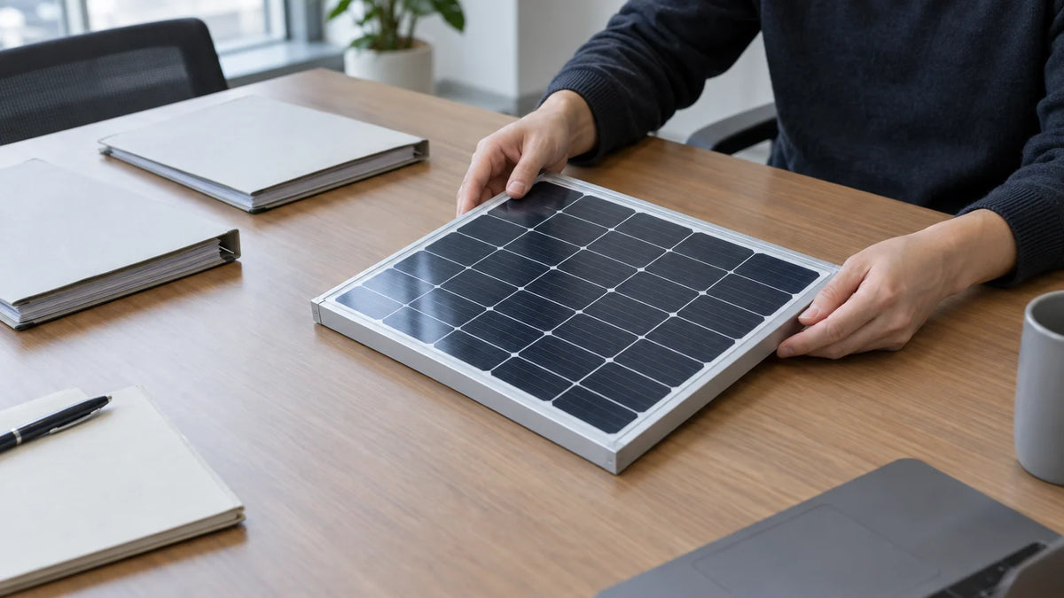 A finished unbranded compact PV module on a quiet procurement review desk, several closed blank supplier dossiers nearby, anonymous reviewer hands arranging the physical sample, no seal, stamp.