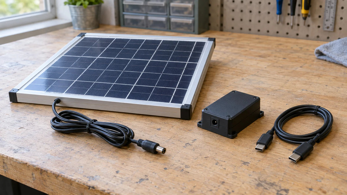Realistic 16:9 crop-safe documentary editorial photograph for a B2B article about selecting a DC solar panel to USB conversion accessory.