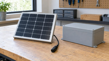 Finished compact PV module with capped output lead next to separate closed generic receiving-device enclosure, dry bench, no electrical connection or voltage display.